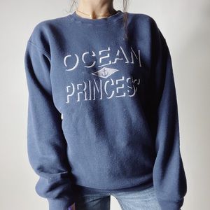 90s OCEAN PRINCESS Embroidered Crewneck Sweatshirt Medium Navy